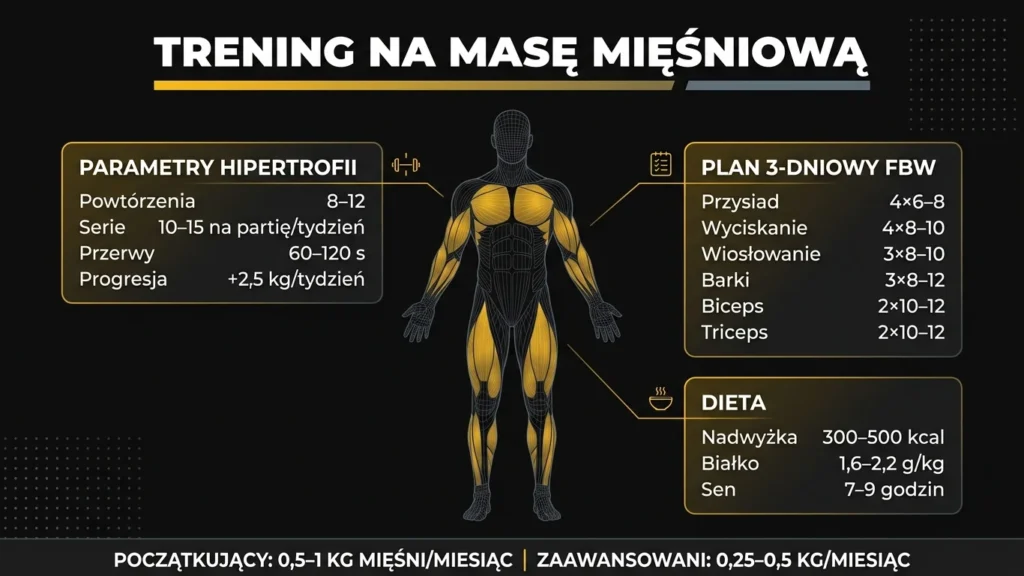 Infografika treningu na masę mięśniową – parametry hipertrofii, plan 3-dniowy i dieta