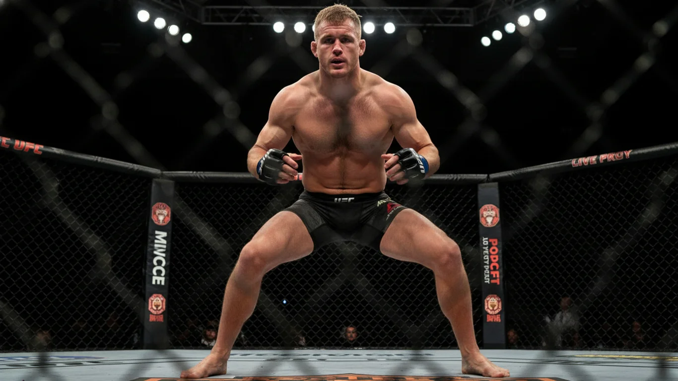 Zawodnik MMA jest w gotowości bojowej, nosi rękawice i czarne spodenki z logo "UFC". Tło stanowi oktagon z widocznymi światłami sceny i biegnącym tekstem "LIVE PREV", "POCKET", "MIOCCE".