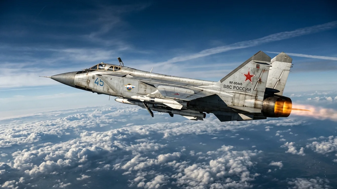 Samolot wojskowy z numerem 45 i czerwonym symbolem gwiazdy przelatuje nad chmurami, na tle pogodnego nieba. Na kadłubie widnieje napis "ВВС РОССИИ" i "RF-95445".