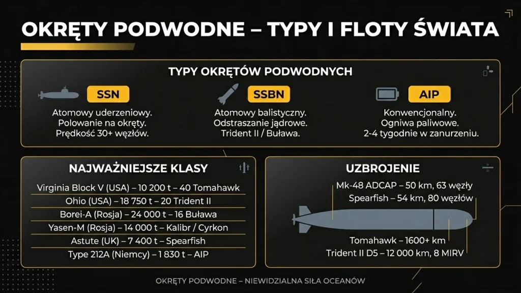 Infografika okręty podwodne – typy, klasy i floty światowe