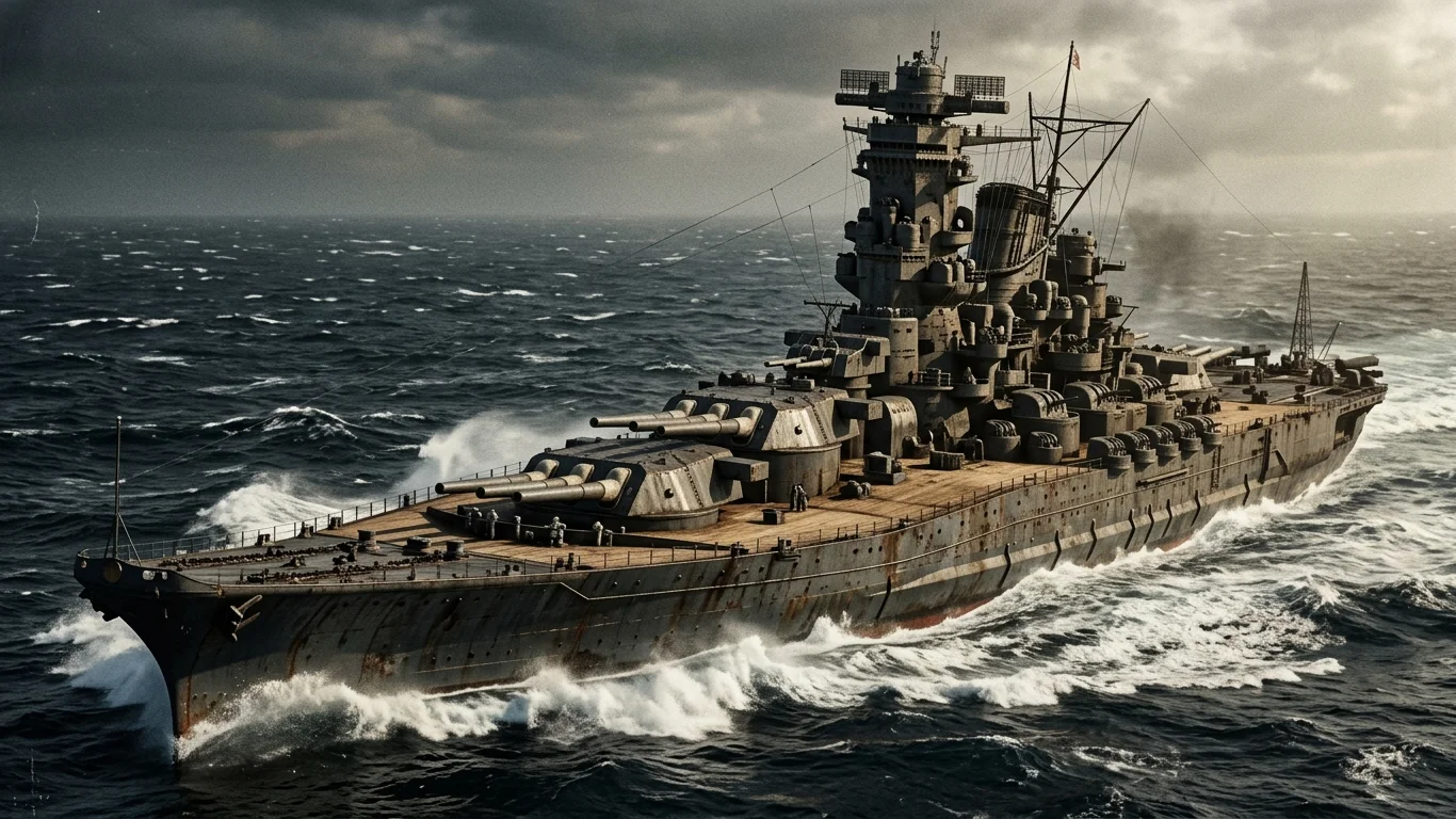 Pancernik płynie po wzburzonym morzu, rozcinając fale. Nad nim wisi niebo pokryte ciemnymi chmurami, co tworzy dramatyczny nastrój.