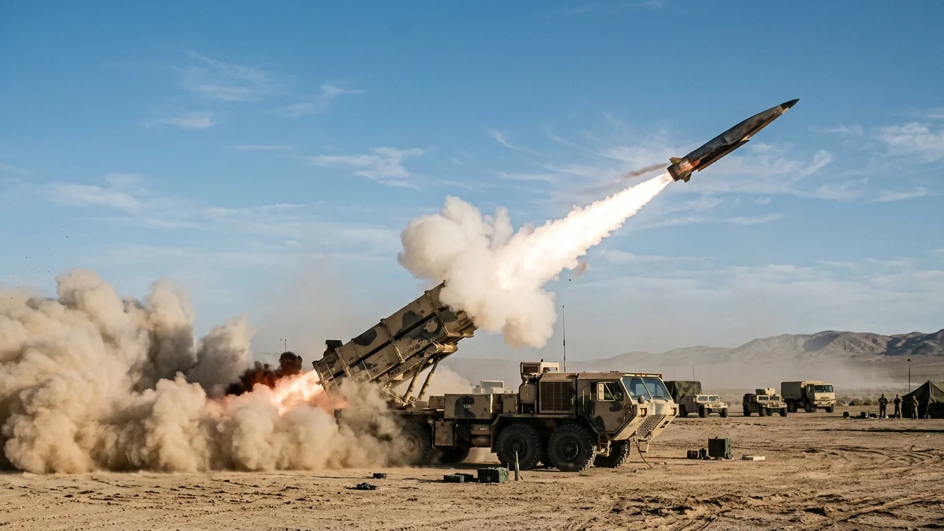 Rakieta startuje z platformy na wojskowej ciężarówce, unosząc się w powietrze z dużą ilością dymu. Scena rozgrywa się na pustynnym obszarze, w tle widać wzgórza i inne pojazdy wojskowe.