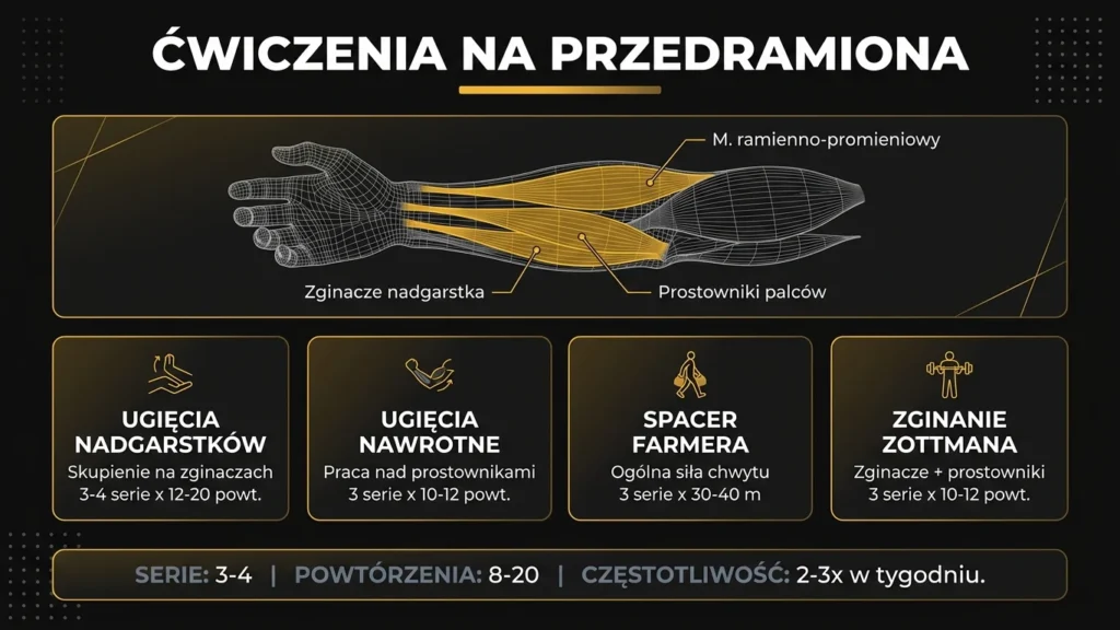 Infografika: ćwiczenia na przedramiona – anatomia mięśni, najlepsze ćwiczenia i parametry treningowe