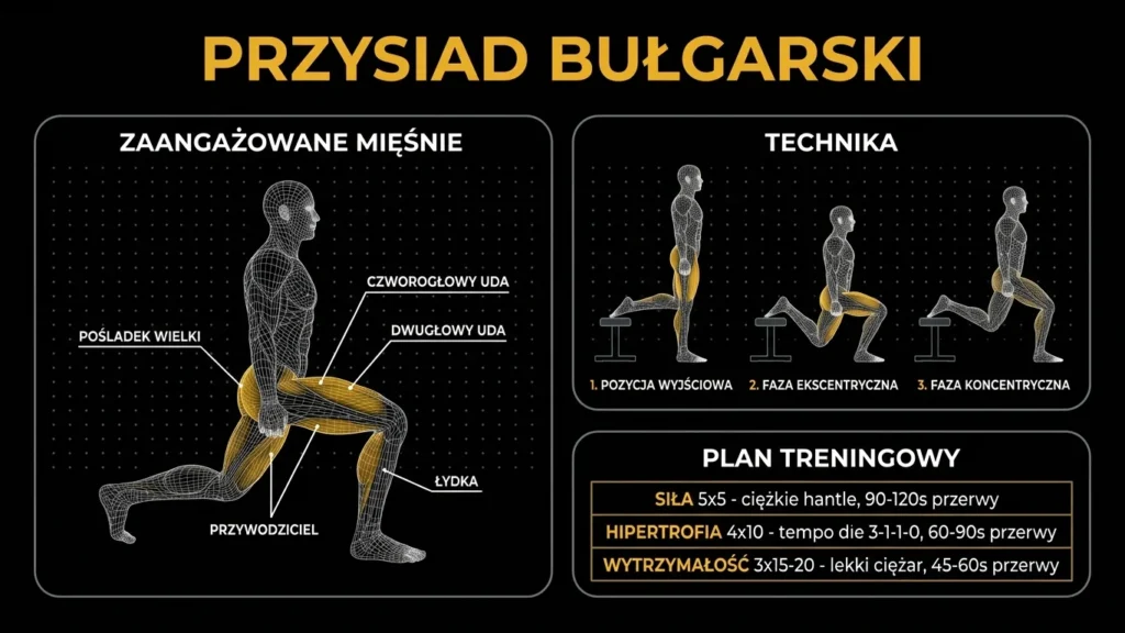Infografika przysiad bułgarski - zaangażowane mięśnie, technika i plan treningowy