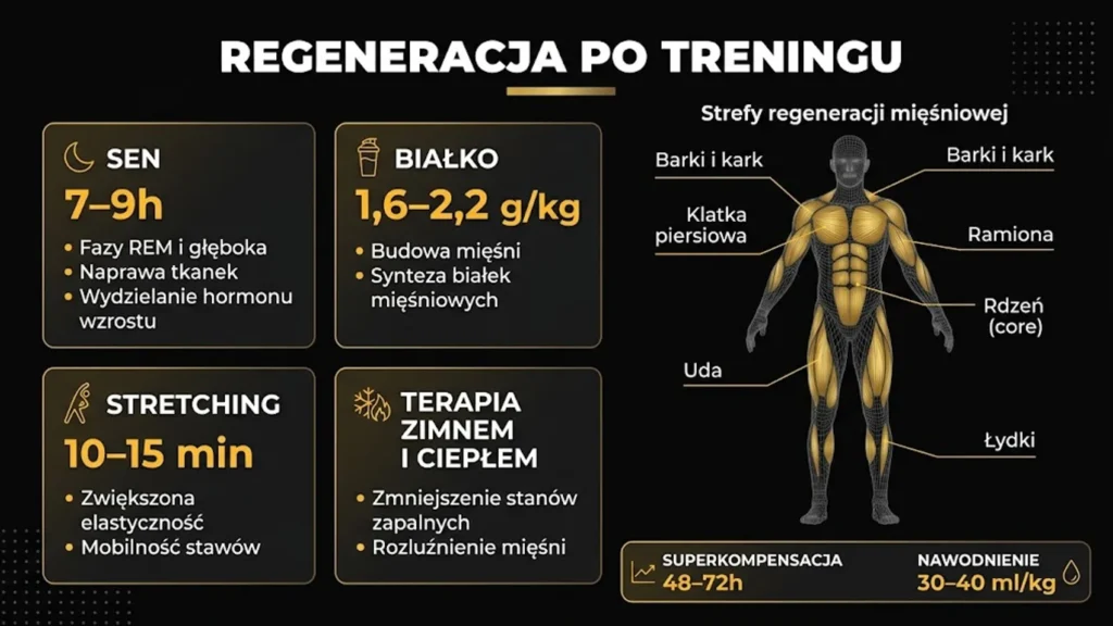 Infografika: regeneracja po treningu – sen, białko, stretching i superkompensacja