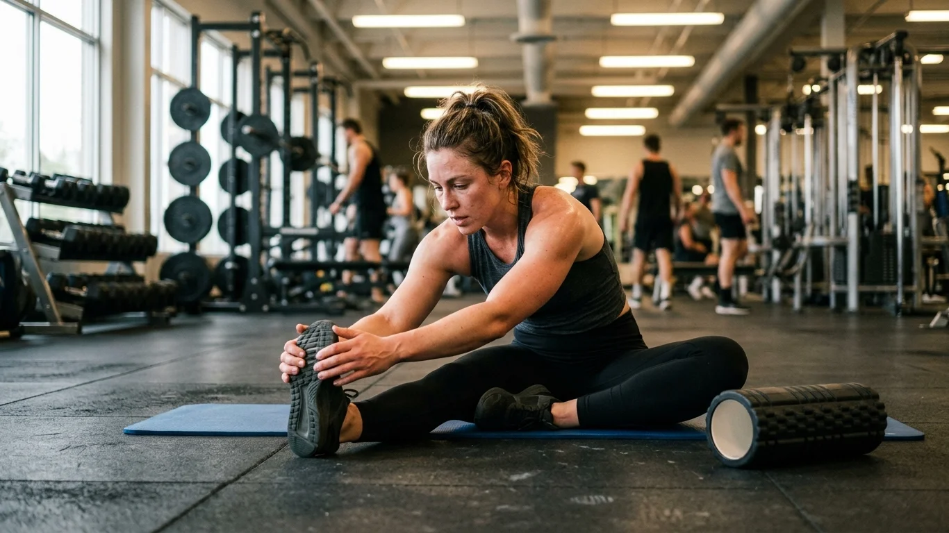 Kobieta rozciąga się na macie trzymając stopę, otoczona przez hantle i sprzęt do ćwiczeń na siłowni. W tle inni ludzie również ćwiczą.