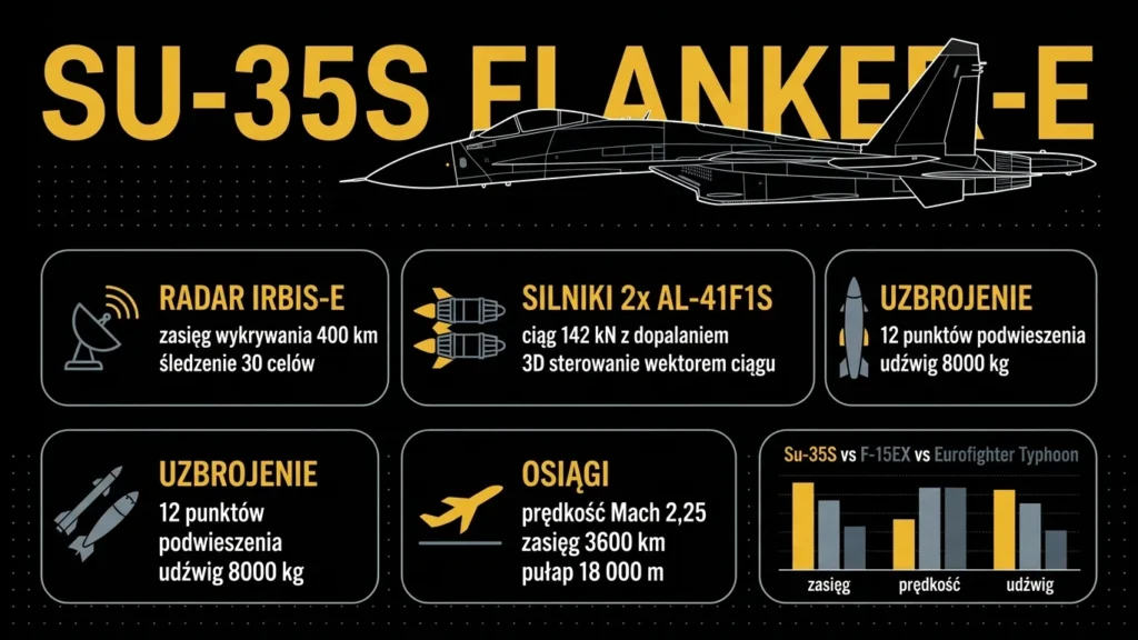 Su-35S Flanker-E infografika – dane techniczne, radar Irbis-E, silniki AL-41F1S, porównanie z F-15EX i Eurofighter Typhoon