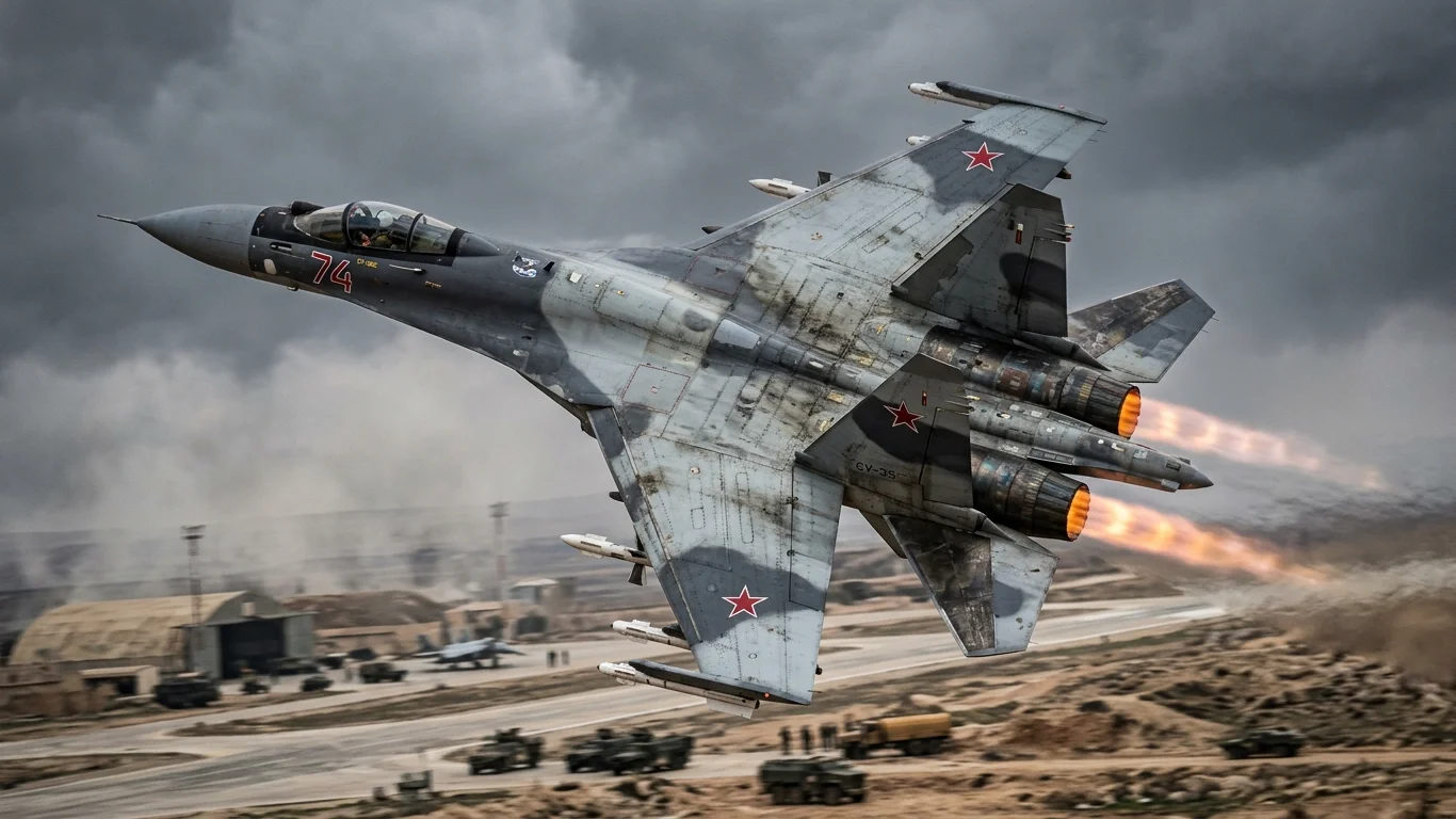 Myśliwiec odrzutowy w locie, z płomieniami wydobywającymi się z silników, unosi się nad pustynnym lotniskiem. Na samolocie widnieje czerwona gwiazda i numer 74.