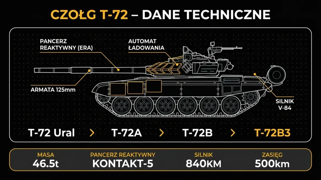 Infografika przedstawiająca dane techniczne czołgu T-72 – ewolucja wariantów i kluczowe parametry