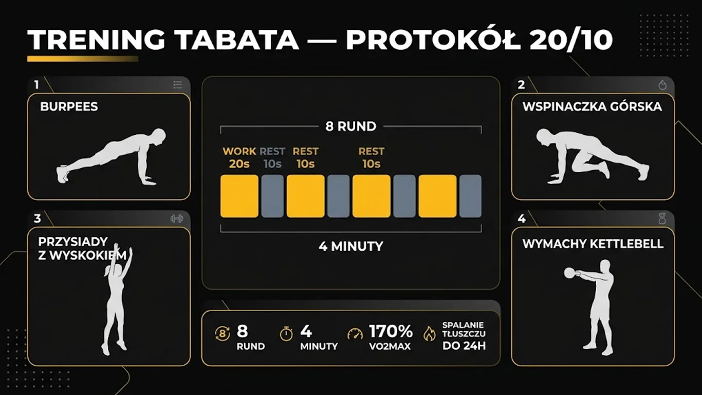 Infografika: trening Tabata – protokół 20/10, ćwiczenia i parametry wydolnościowe