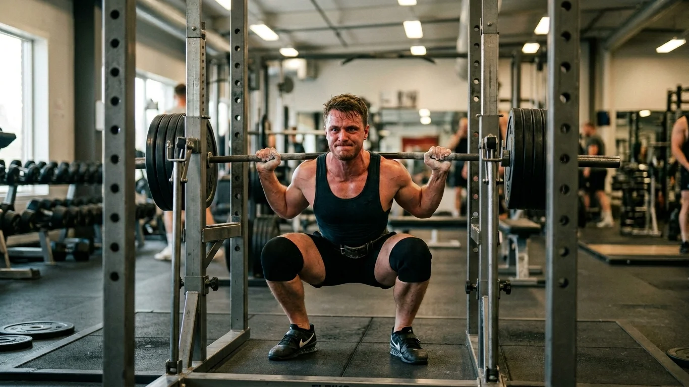 Mężczyzna podnosi ciężką sztangę w przysiadzie na siłowni. Skupiony, otoczony sprzętem do ćwiczeń, nosi sportowe ubrania i nakolanniki. W tle widać inne osoby ćwiczące.
