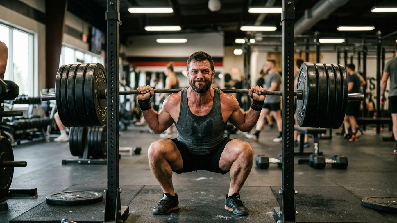 Mężczyzna podnosi ciężką sztangę nad głową, robiąc przysiad na siłowni. W tle widać innych ćwiczących oraz sprzęt treningowy.