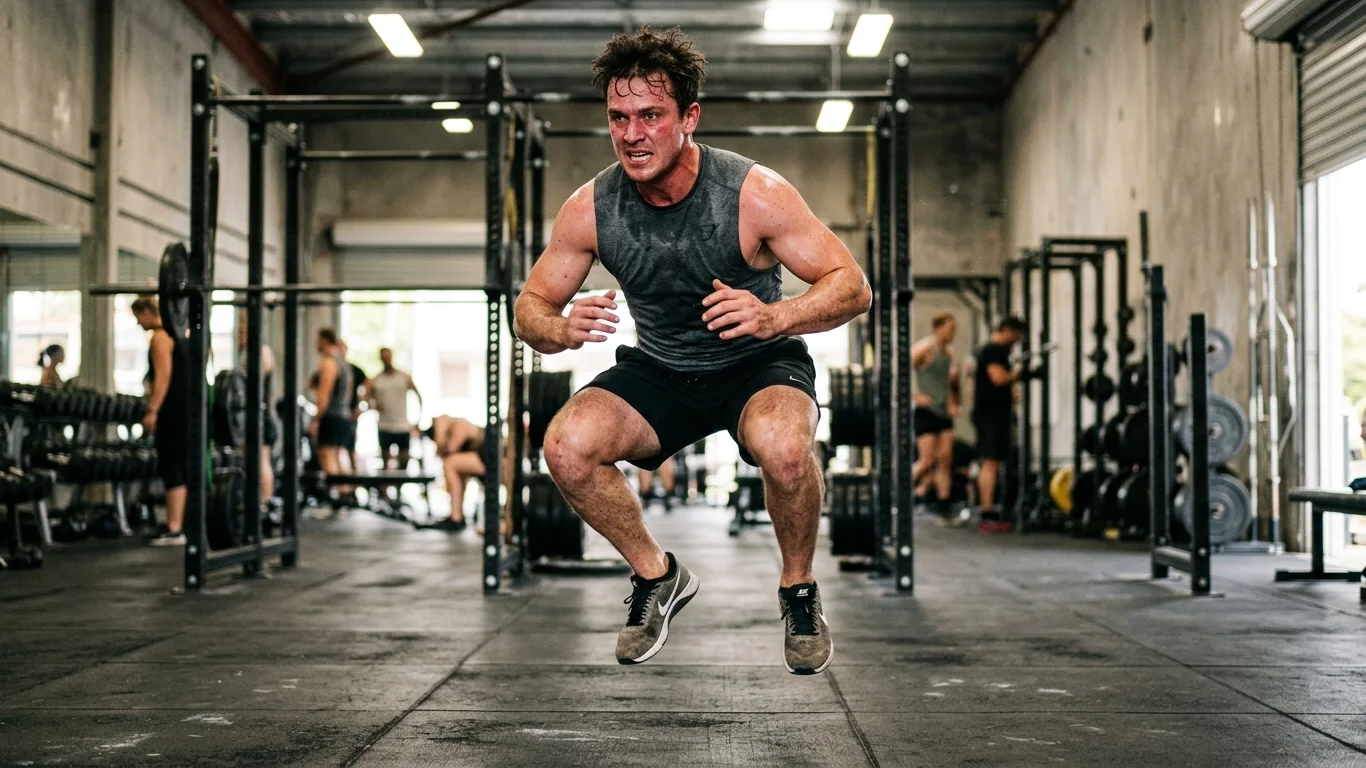 Mężczyzna wykonuje wyskoki w sali treningowej. W tle widać innych ludzi i sprzęt do ćwiczeń. Industrialne wnętrze oświetlone jest jasnym światłem z góry.