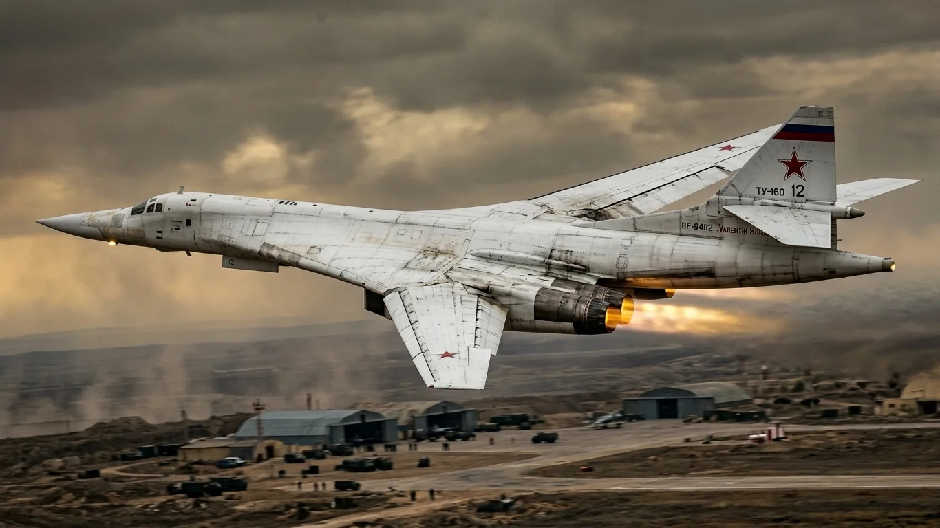 Samolot wojskowy TU-160 leci nad lotniskiem z płonącymi silnikami odrzutowymi. W tle rozciąga się pochmurne niebo oraz budynki i pojazdy na ziemi.