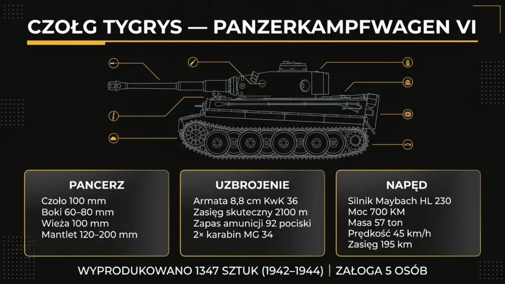 Infografika czołgu Tygrys – pancerz, uzbrojenie i dane techniczne Panzerkampfwagen VI