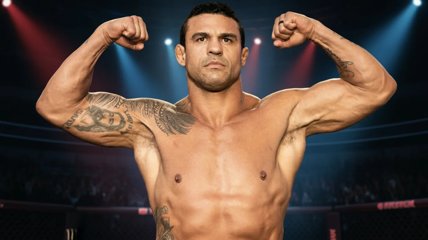 Mężczyzna pokazuje bicepsy na arenie sportowej. Tatuaże na ramionach, oświetlenie sceniczne podkreślające muskulaturę, publiczność w tle. Brak tekstu.