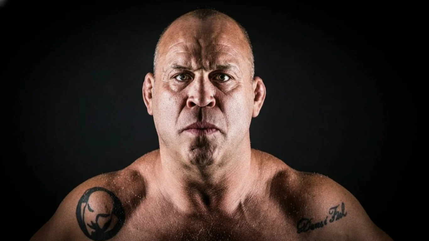 Mężczyzna o poważnym wyrazie twarzy patrzy prosto przed siebie, widać tatuaże na ramionach; jeden z nich to napis „Demić Fenl”. Tło jest czarne.