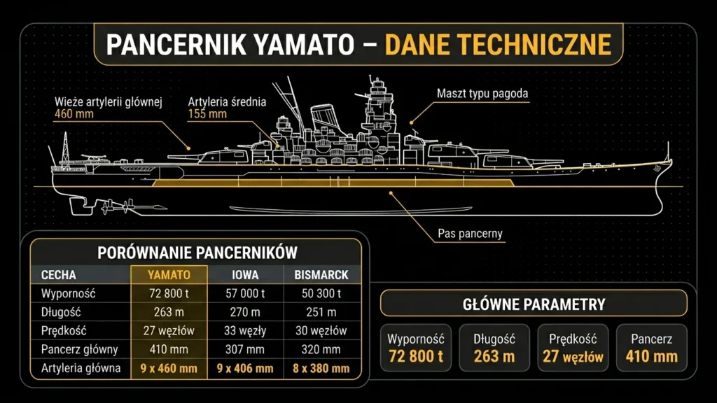 Infografika przedstawiająca dane techniczne pancernika Yamato – porównanie z Iowa i Bismarckiem