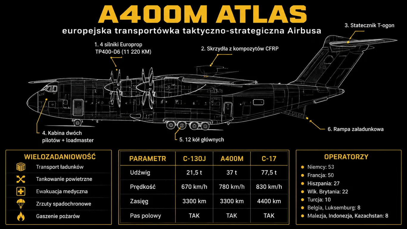 Infografika: Airbus A400M Atlas – sylwetka, dane techniczne, porównanie z C-130J Super Hercules i C-17 Globemaster III, mapa operatorów