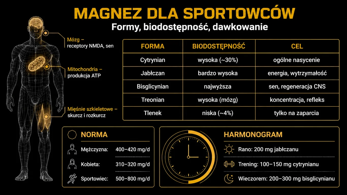 Infografika: magnez dla sportowców – formy, biodostępność i protokół suplementacji