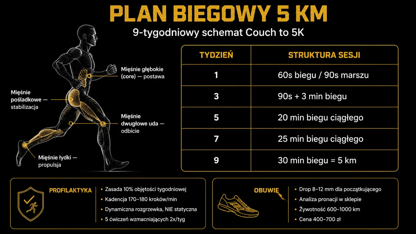 Infografika: plan biegowy 5 km – schemat C25K, ćwiczenia wzmacniające i wybór obuwia