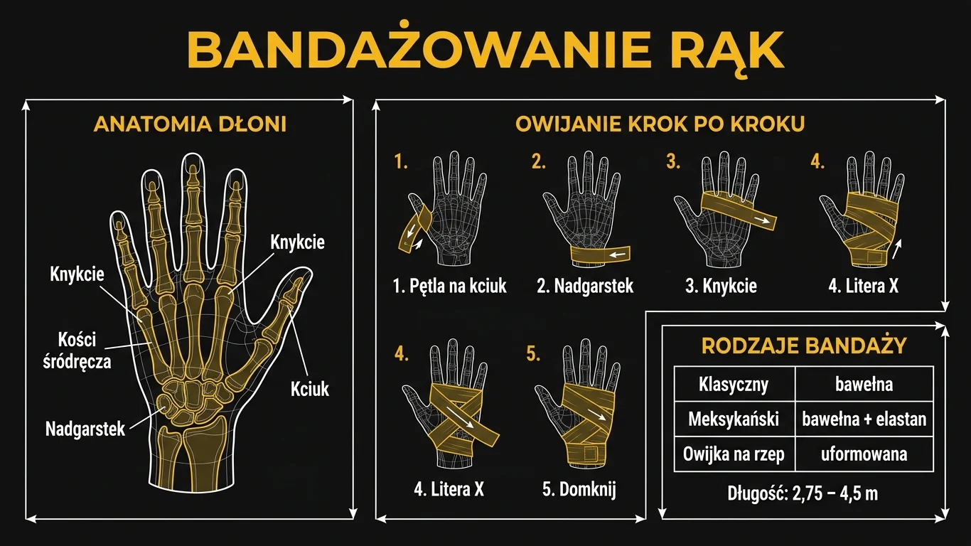 Techniczna infografika bandażowania rąk: anatomiczny schemat dłoni, numerowana sekwencja owijania oraz tabela rodzajów i długości bandaży