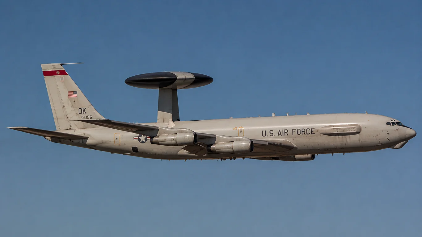 Boeing E-3 Sentry AWACS w locie nad chmurami, z widoczną charakterystyczną obrotową kopułą radarową nad kadłubem.