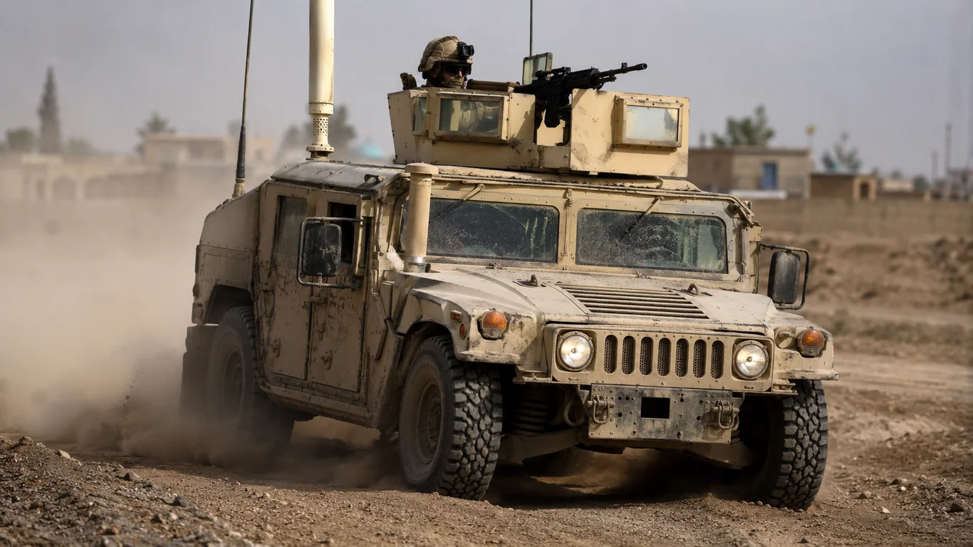 Wojskowy Humvee HMMWV w barwach US Army jadący w terenie, z obrotnicą i karabinem maszynowym na dachu kabiny.