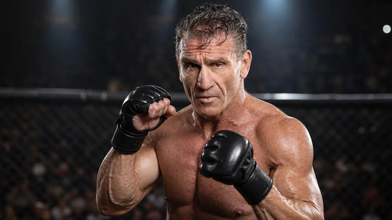 Ken Shamrock The World's Most Dangerous Man w bojowej postawie, umięśniona sylwetka amerykańskiego pioniera MMA, intensywne spojrzenie, oświetlenie areny wczesnego UFC.
