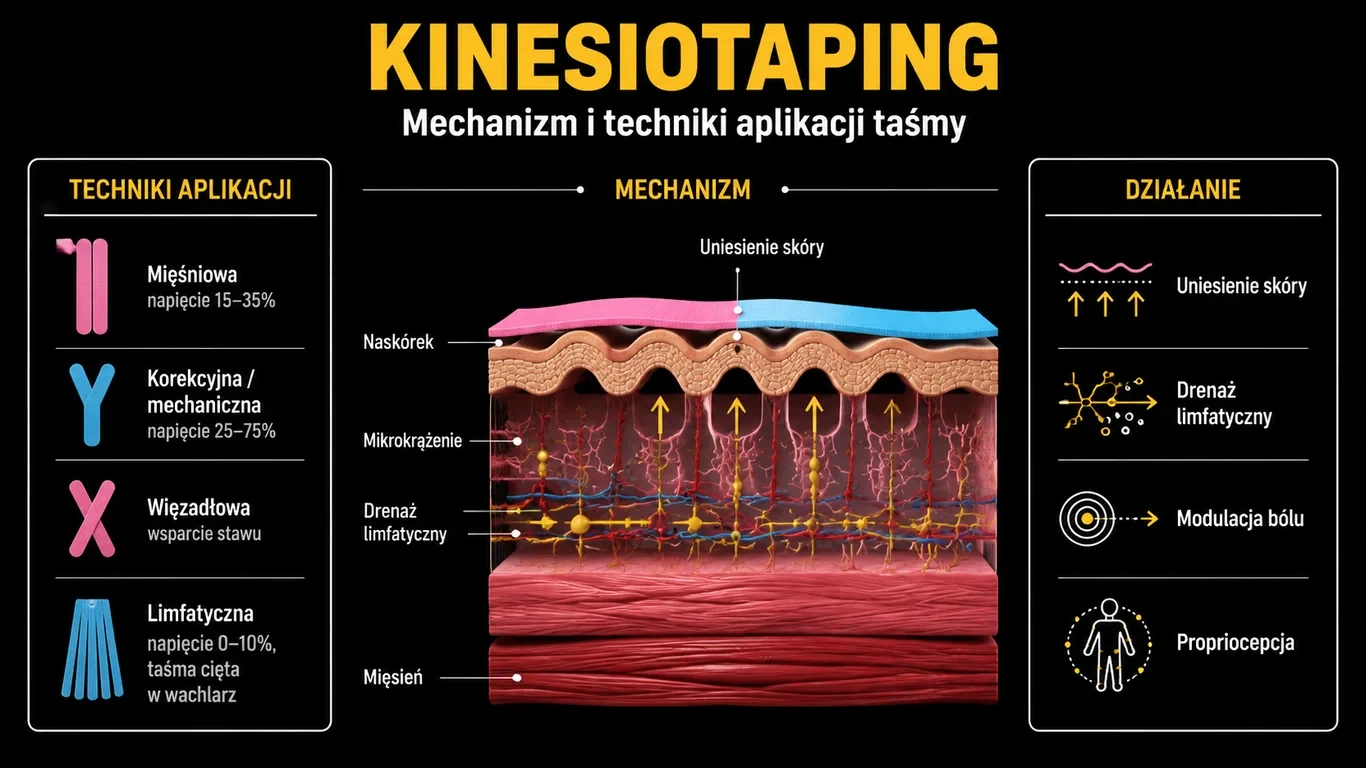 Infografika: kinesiotaping – mechanizm i techniki aplikacji