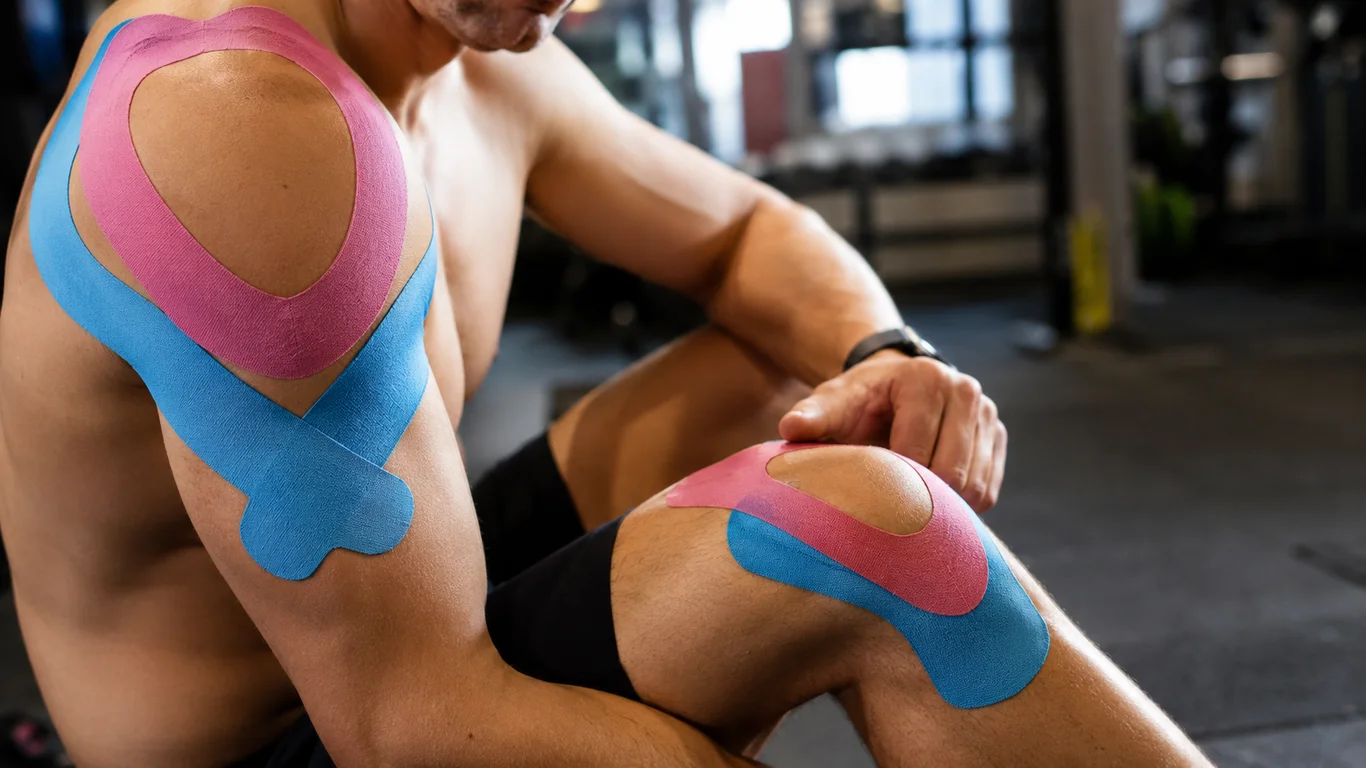 Kolorowa taśma kinesiotaping naklejona w pasach na mięsień i staw barku sportowca, czarno-złota paleta barw