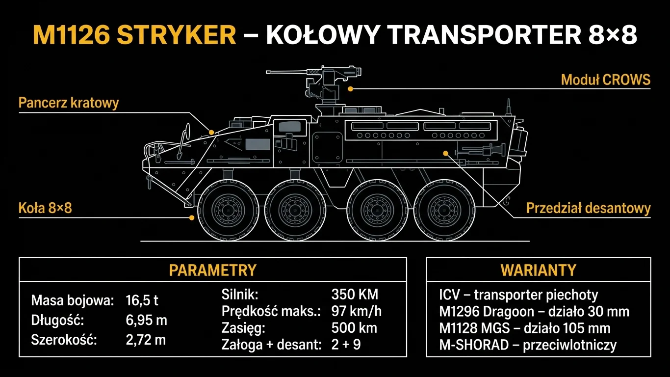 Infografika techniczna M1126 Stryker – diagram boczny kołowego transportera 8×8 z calloutami, tabelą parametrów i panelem wariantów