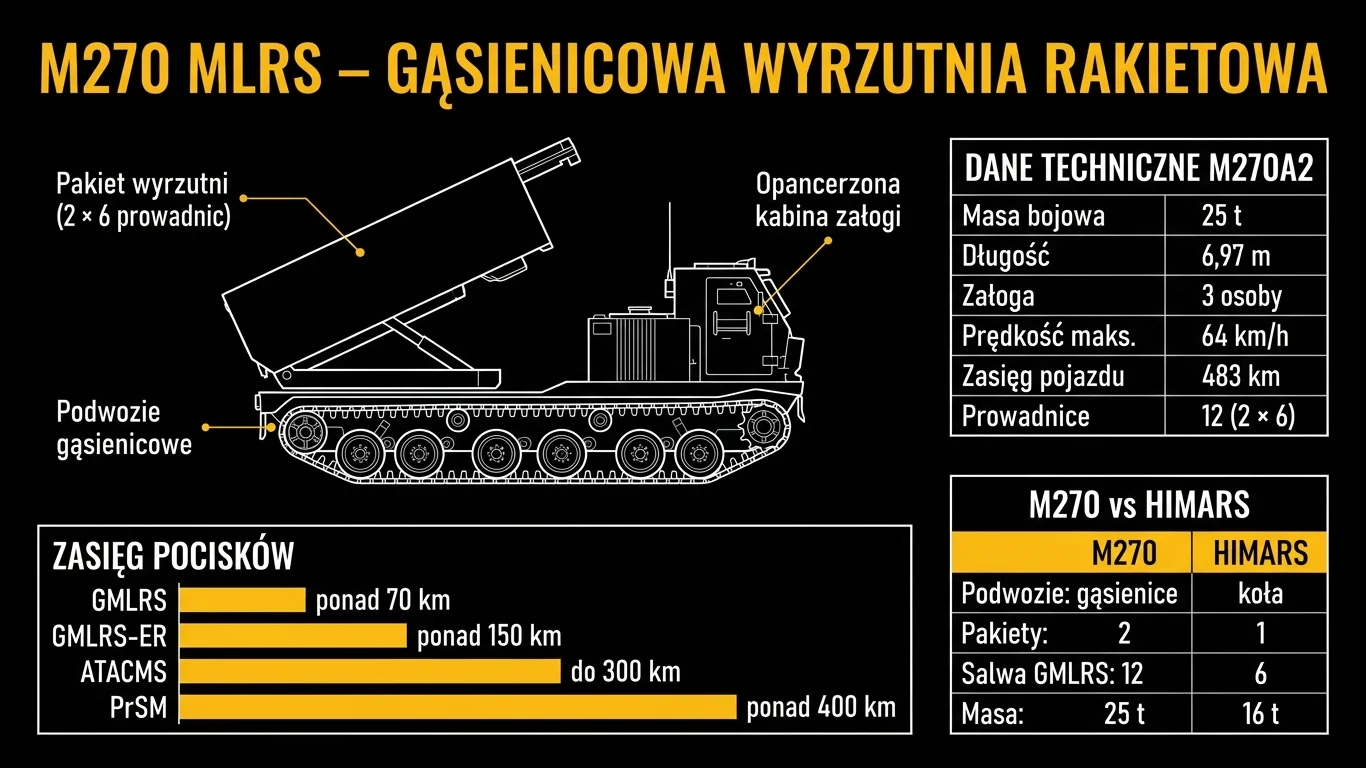 Infografika techniczna M270 MLRS – schemat boczny gąsienicowej wyrzutni, dane M270A2, zasięg pocisków i porównanie z HIMARS