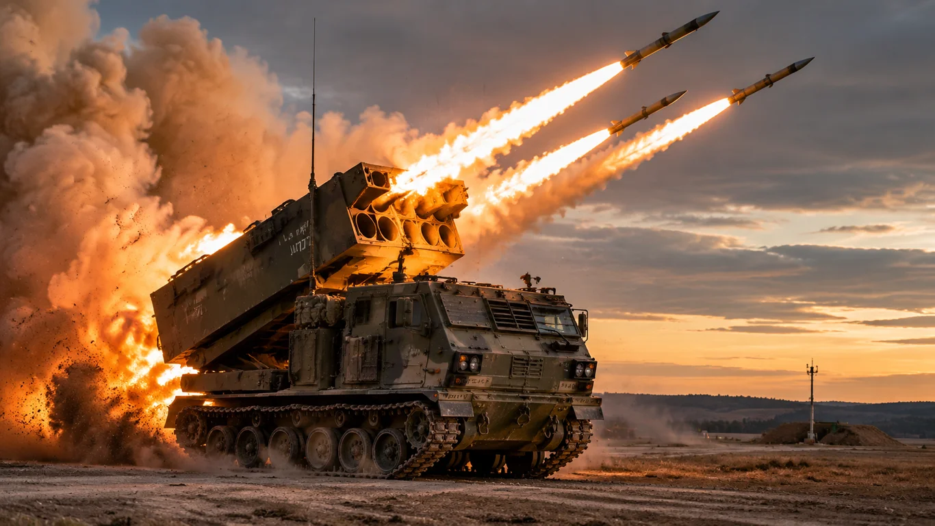 Gąsienicowa wyrzutnia rakietowa M270 MLRS w terenie – widok boczny z uniesionymi prowadnicami rakiet