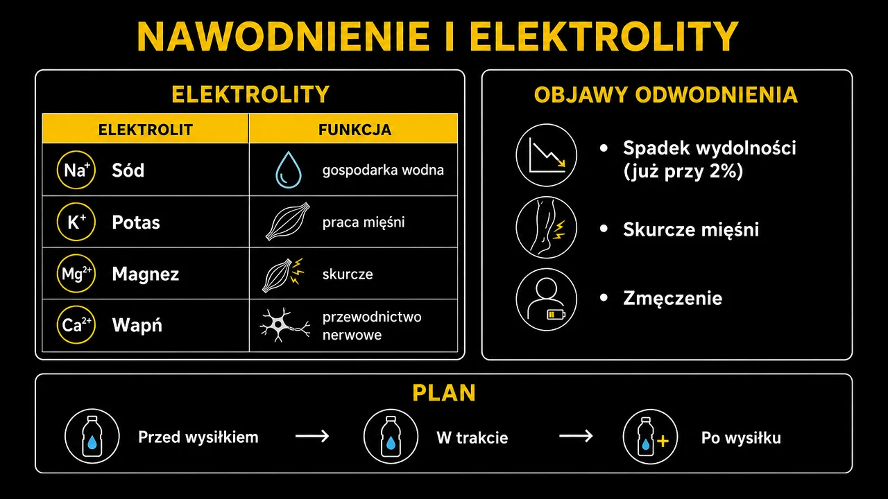 Infografika: nawodnienie i elektrolity – funkcje sodu, potasu, magnezu i wapnia oraz objawy odwodnienia.