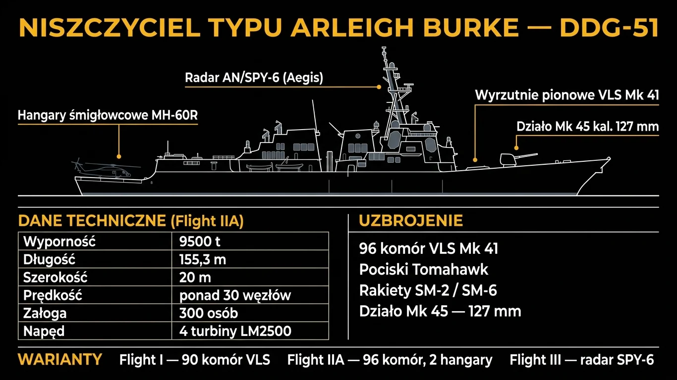 Infografika techniczna niszczyciela typu Arleigh Burke – diagram boczny z calloutami do radaru Aegis, VLS, działa i hangarów oraz przegląd wariantów