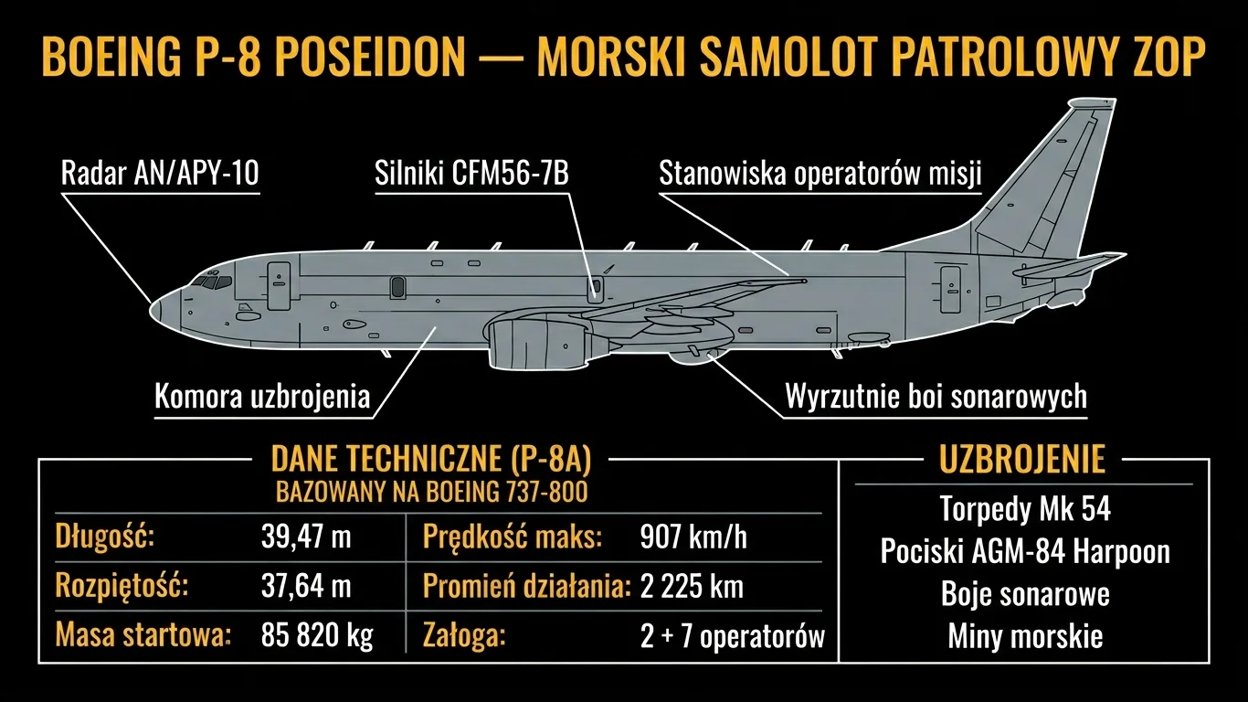 Infografika techniczna Boeinga P-8 Poseidon: boczny diagram samolotu, tabela danych technicznych i panel uzbrojenia