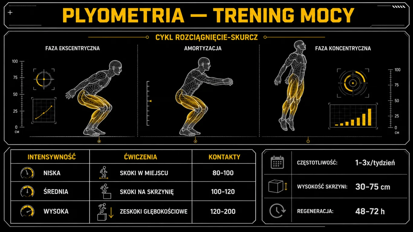 Infografika plyometrii – trzy fazy cyklu rozciągnięcia-skurczu na anatomicznych wireframe'ach oraz tabela intensywności ćwiczeń i objętości w kontaktach.