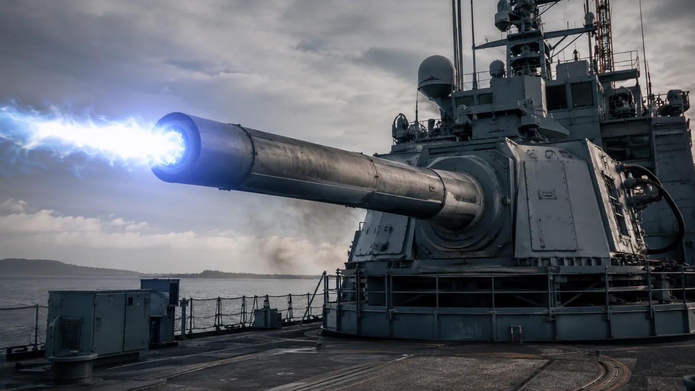 Działo elektromagnetyczne (railgun) na pokładzie okrętu w chwili wystrzału, z jaskrawym błyskiem plazmy i smugą rozpędzanego pocisku wylatującego z lufy.