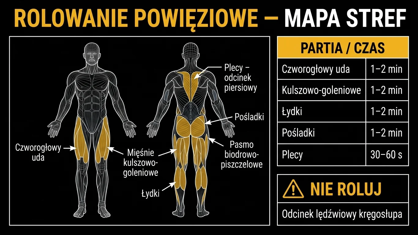 Anatomiczna infografika rolowania powięziowego: wireframe sylwetki z podświetlonymi strefami, tabela czasu oraz panel ostrzeżenia o odcinku lędźwiowym