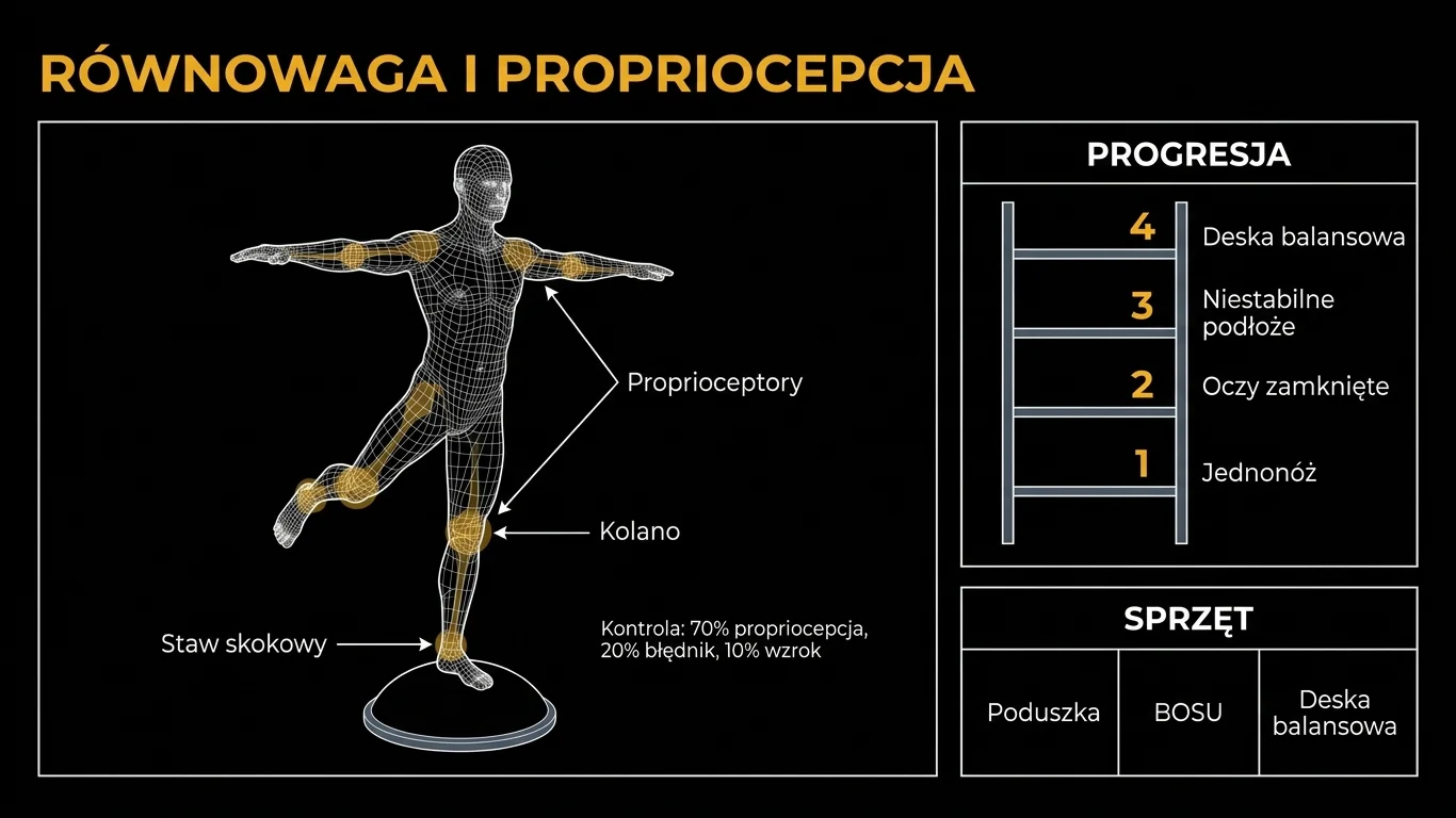 Infografika: anatomiczny wireframe sportowca balansującego na jednej nodze, z podświetlonym stawem skokowym i kolanem, drabinką progresji i panelem sprzętu