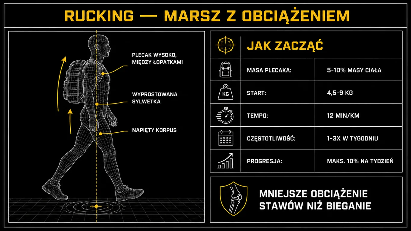 Infografika ruckingu – wireframe poprawnej postawy z plecakiem wysoko na plecach oraz panel z doborem masy plecaka, tempem i progresją.