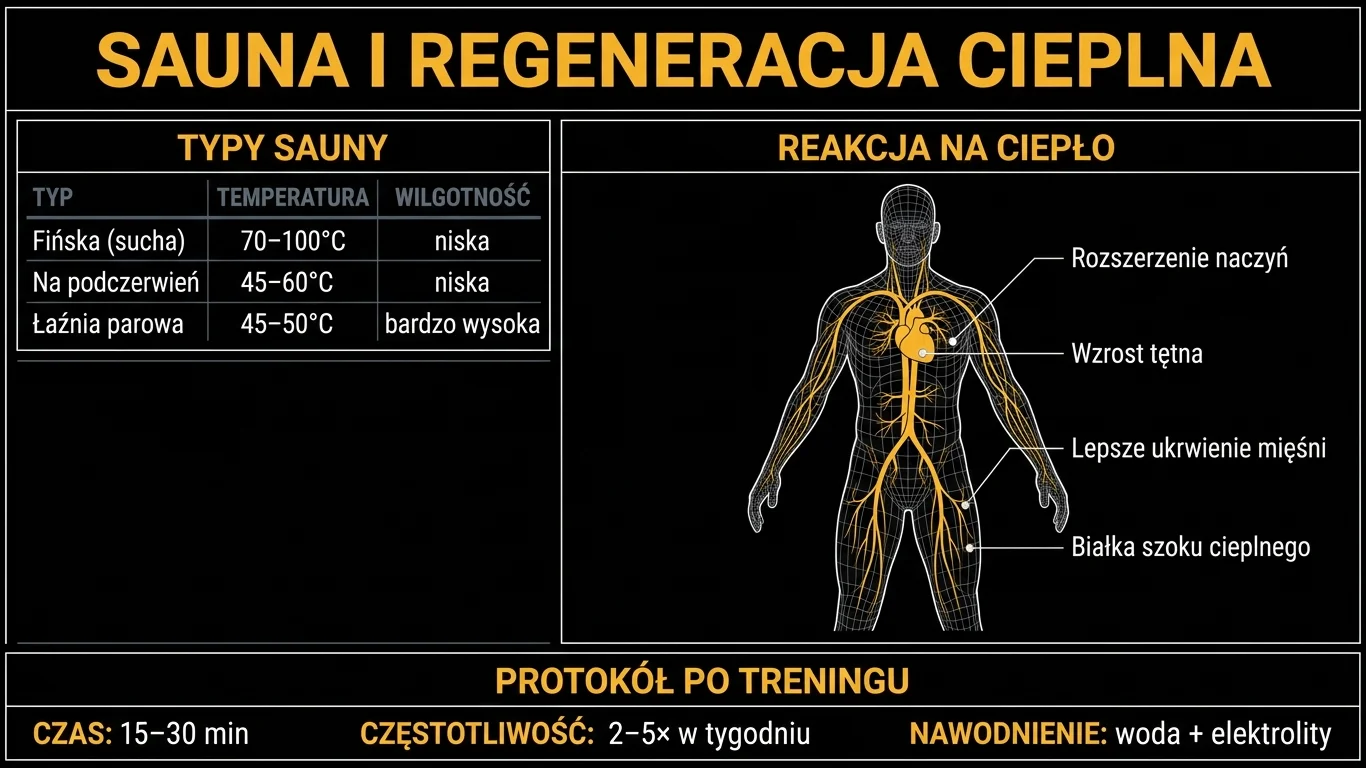 Infografika: tabela porównawcza typów sauny, anatomiczny wireframe z reakcją krążenia na ciepło oraz panel protokołu regeneracyjnego