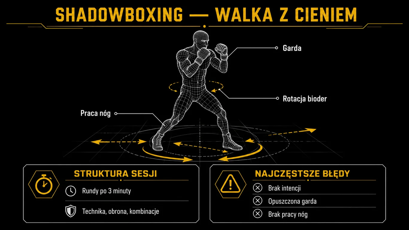 Infografika: shadowboxing – postawa, praca nóg i błędy