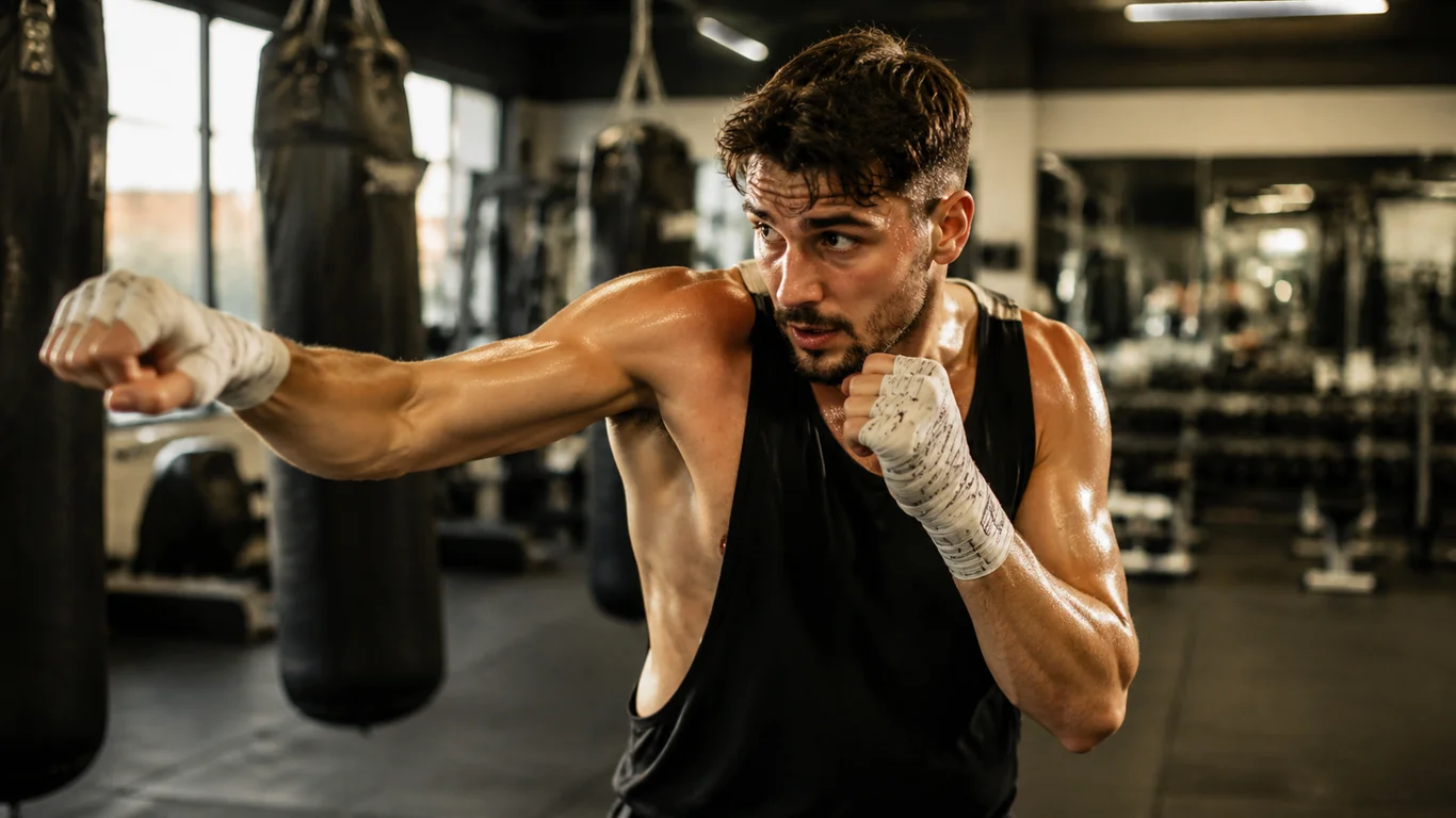 Zawodnik ćwiczący shadowboxing przed lustrem w sali bokserskiej – praca nóg, garda, wyprowadzony cios prosty