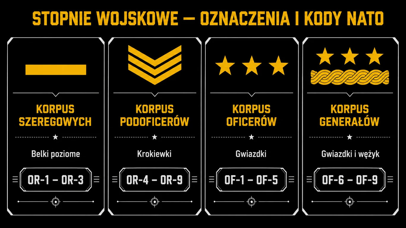 Infografika przedstawiająca cztery korpusy stopni wojskowych w Polsce: szeregowych, podoficerów, oficerów i generałów wraz z typami dystynkcji i zakresami kodów NATO.