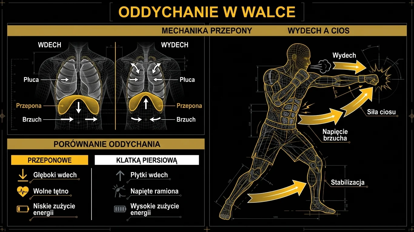 Infografika: anatomiczny przekrój tułowia z przeponą i płucami w fazie wdechu i wydechu, porównanie oddechu przeponowego i piersiowego oraz synchronizacja wydechu z uderzeniem