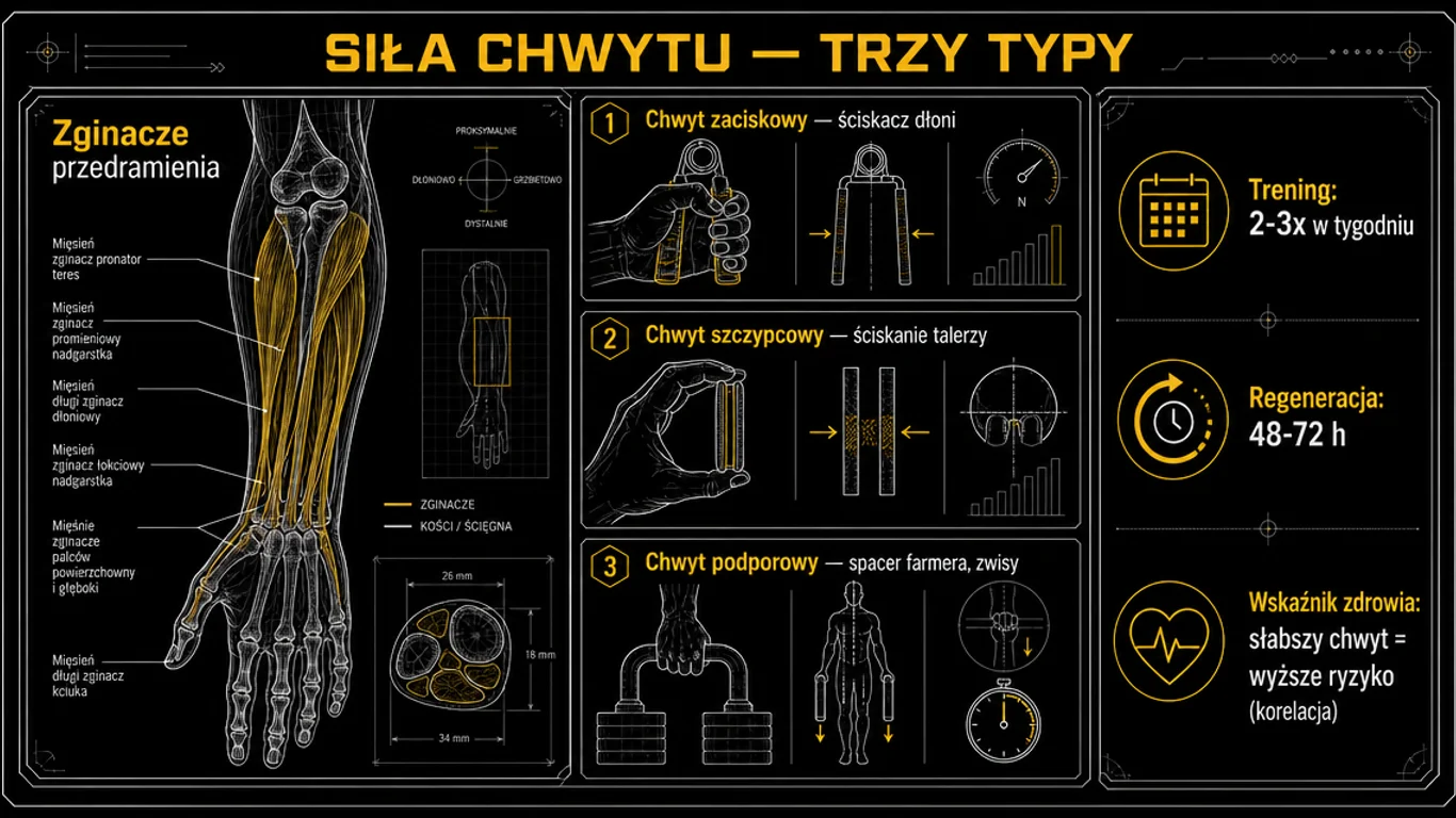 Infografika siły chwytu – anatomiczny schemat zginaczy przedramienia oraz trzy typy chwytu: zaciskowy, szczypcowy i podporowy z przykładowymi ćwiczeniami.