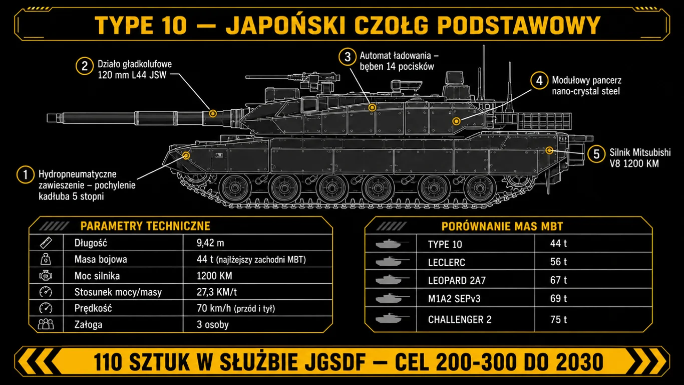 Infografika Type 10 – hydropneumatyczne zawieszenie, automat ładowania z bębnem na 14 pocisków, dane techniczne, porównanie masy z K2, Leopardem i Abramsem
