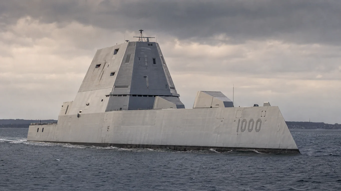 Amerykański niszczyciel w technologii stealth USS Zumwalt DDG-1000 na morzu, charakterystyczny kadłub tumblehome z pochylonymi do wewnątrz burtami i kanciasta nadbudówka obniżająca sygnaturę radarową, spokojny ocean.